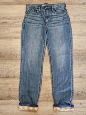 Eddie Bauer Boyfriend Mid Rise Straight Jeans Women’s Size 4 Blue Plaid Cuff